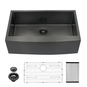 Farmhouse Apron Handmade Stainless Steel Kitchen Sink, Gunmetal Black Single Bowl Bar Sink with Strainer (Color: Gunmetal Black, size: 36"X21")