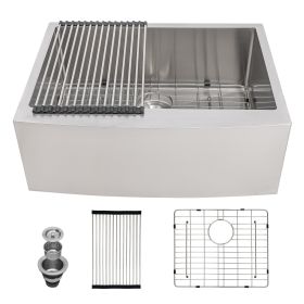 Farmhouse Apron Stainless Steel Kitchen Sink,16 Gauge Apron Front Single Bowl Kitchen Sink with Drain Kit (Color: Stainless Steel Brushed, size: 27"X21")